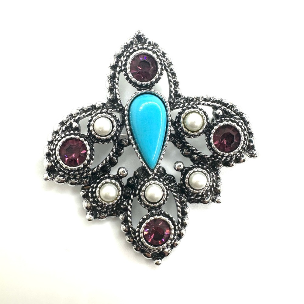 Vintage Sarah Coventry Imperial Cross 1974 Brooch Faux Turquoise Faux Pearls Pin